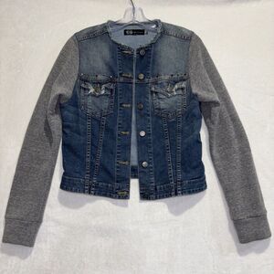 John Eshaya JET Blue Denim Gray Knit Sleeve Jean Jacket Women's Size M/L